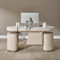 Before and after comparison of Eureka Ergonomic Opal Desk with Modesty Panel for cable management.