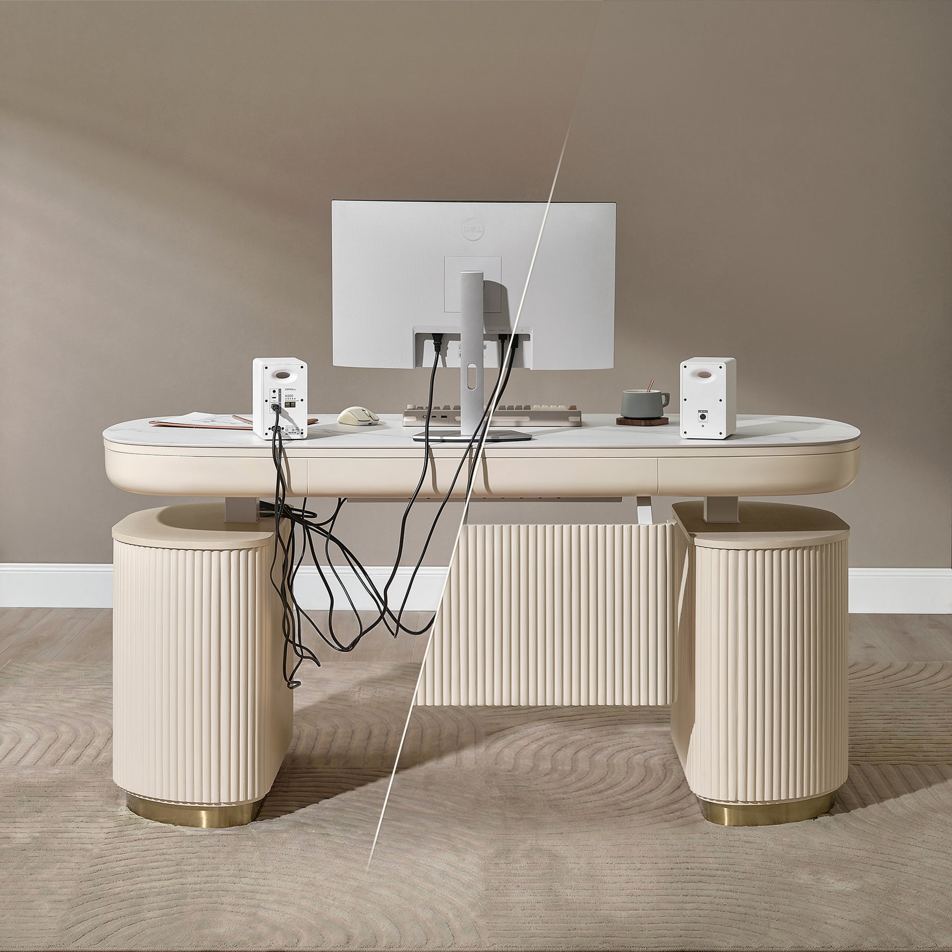 Before and after comparison of Eureka Ergonomic Opal Desk with Modesty Panel for cable management.