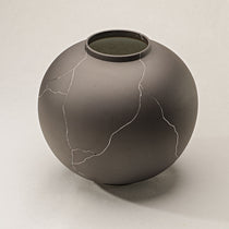 Dark Gray Ceramic Vase With Silver Crack Detailing, Ideal for Dining Table Or Shelf Decor.