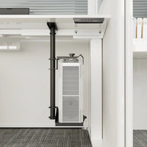 Eureka Ergonomic Height & Width Adjustable Cpu Hanger With Pc Tower, Mounted Under a White Standing Desk.