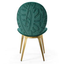 Katalea Green Velvet Dining Chair, Embossed Leaf Design, Gold Legs. Modern Dining Room Seating.