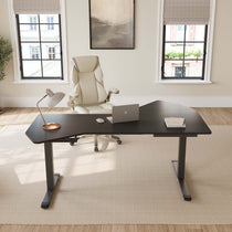 Ergonomic Office Standing Desk in Dark Wood Grain Finish, Ideal Workspace for Modern Home Office.
