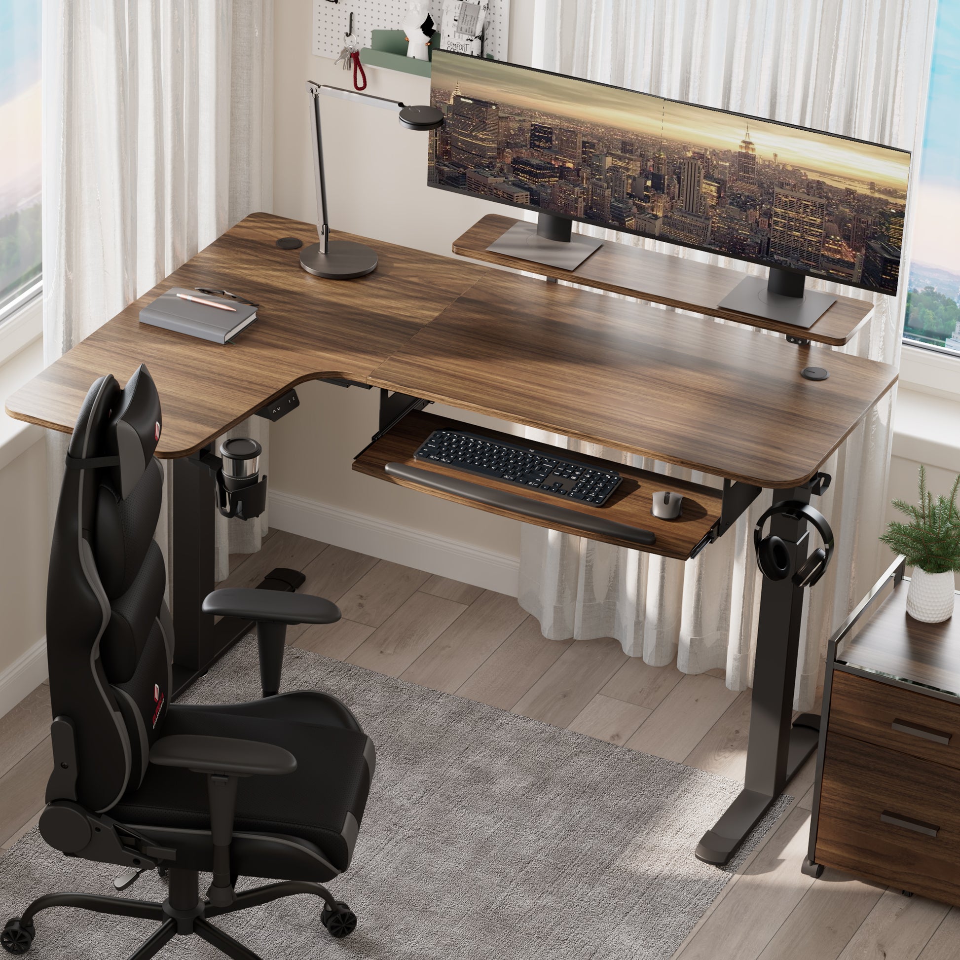 L-shaped Standing Desk, Walnut-colored, Left