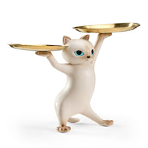 Enchanting Cat Side Table, Beige Cat-Shaped Design With Dual Gold Trays, Stylish Home Decor.