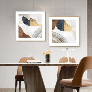 Abstract Wall Art Set of 2 in Gold Frames With Geometric Shapes for Various Home Styles.