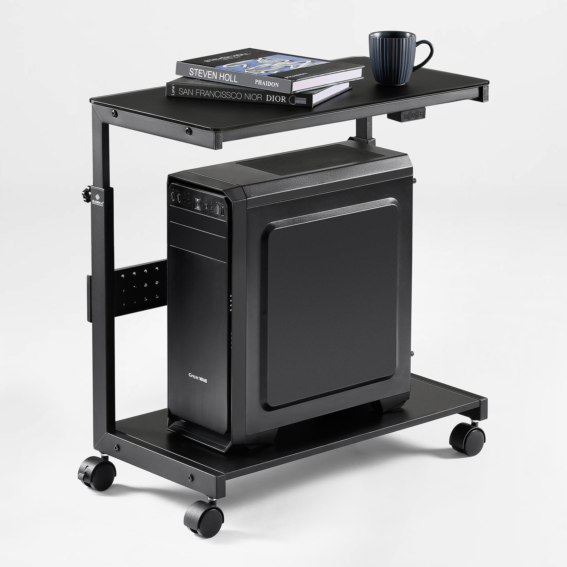 Height-Adjustable  Frosted  Cpu Cart With Glowing Lighting  for a Modern Workspace.