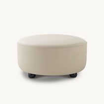 Bella Beige Napa Leather Ottoman, Round Design, Modern Living Room Furniture.