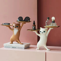 Enchanting Cat Storage Ornament - Beige & White Resin Cat Figurines With Trays, Stylish Home Decor.
