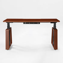 Eureka Ergonomic Ark Lite standing desk with dark woodgrain top, beveled edge, and trapezoidal legs with cable management tray.