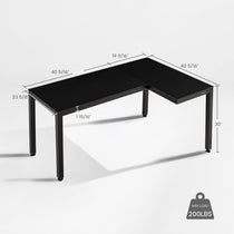 Eureka Ergonomic GTG L-shaped black tempered glass gaming desk with dimensions and 200lbs max load capacity shown, 60x40 inch.