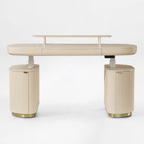 Eureka Ergonomic Opal Oval Executive Standing Desk in Light Beige With Storage Cabinets and Brass Base.