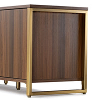 Sonoma 70 Tv Stand Detail: Wood Grain Cabinet Door With Brass Frame, Modern Design.