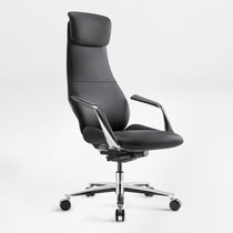 Eureka Ergonomic Serene Aaron black genuine leather executive chair, high back with headrest, chrome armrests and base on product page.