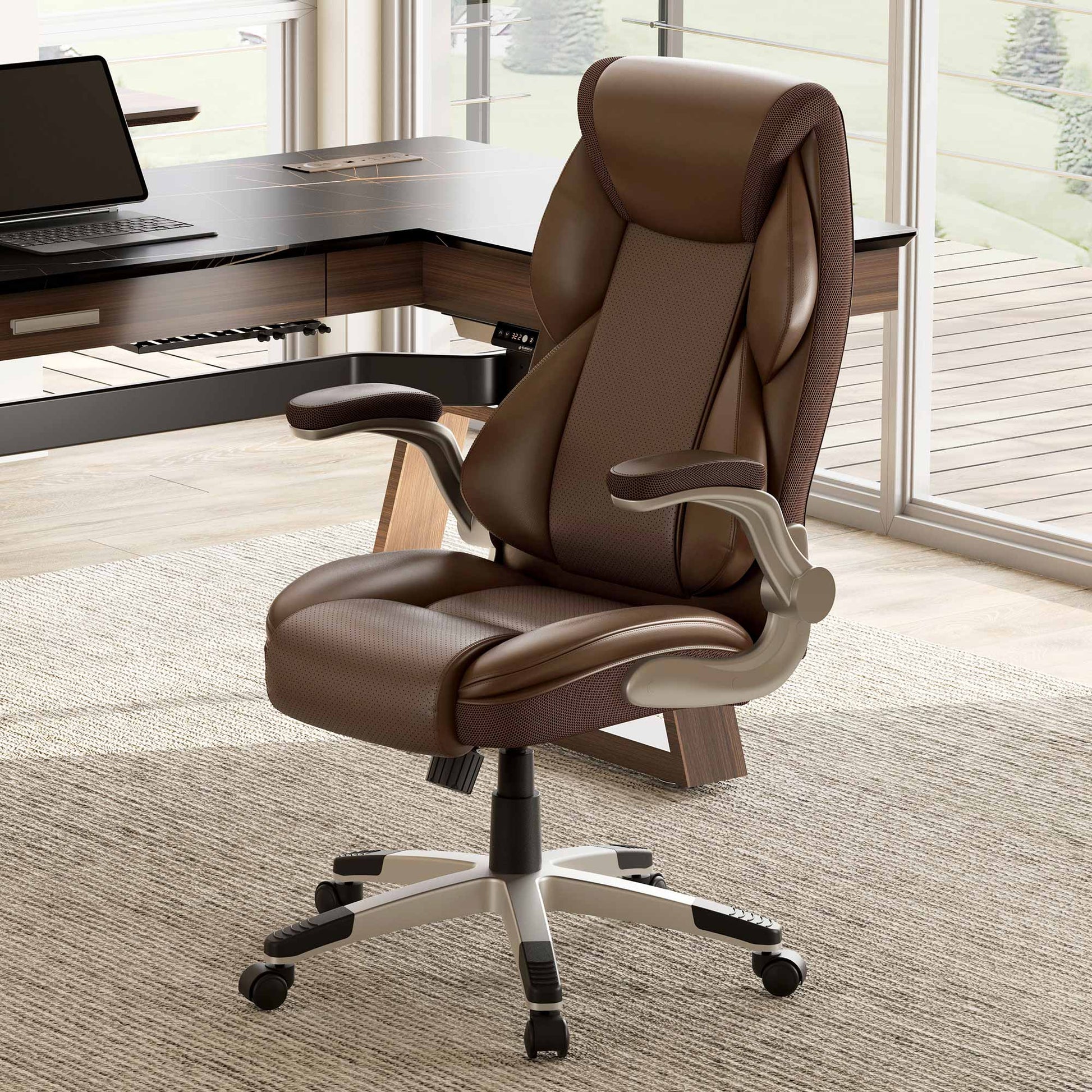 Galene, Home Office Chair, Brown, Breathable cushioned PU Leather Fabric, Lifestyle on Rug displayed with Ark L60 standing desk
