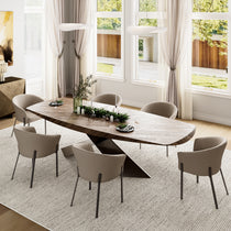 Modern Dining Room With Jade Upholstered Arm Dining Chairs, Wooden Oval Table, Elegant Design.
