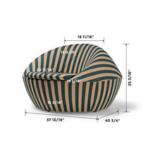 Modern Lounge Chair With Teal and Beige Stripes, Showcasing Ergonomic Design and Dimensions, for Comfort and Style.