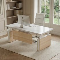 Eureka Ergonomic Zen Pro 72'' Executive Standing Desk in a Bright Home Office With White & Maple Finish.