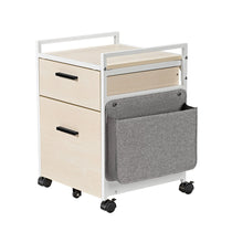 23 Rolling File Cabinet With Light Wood Finish, Fabric Storage, and Lockable Casters.
