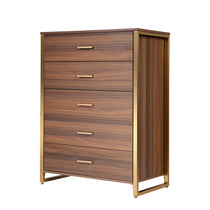 Modern Walnut 5-Drawer Chest Dresser With Gold Frame and Pulls. Bedroom Storage Cabinet.