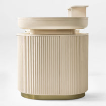 Eureka Ergonomic Opal Oval Executive Fixed Height Desk in Light Beige With Storage, Brass Base. Ergonomic Office Furniture.