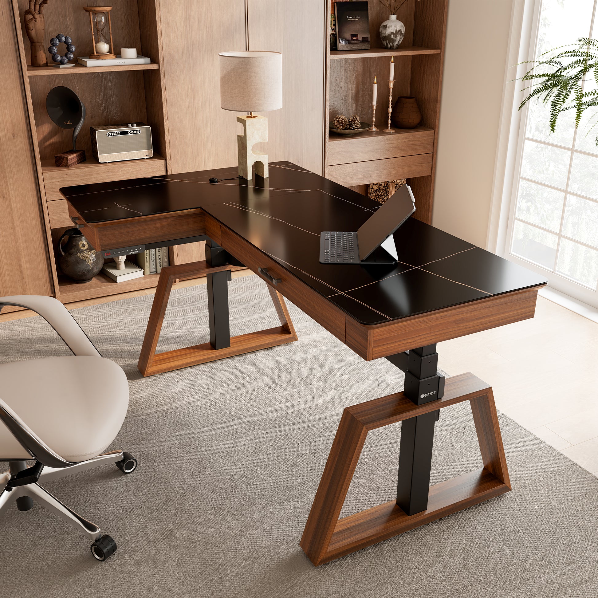 Ark L60 L Shaped Executive Slate Standing Desk with two-drawers lifestyle image