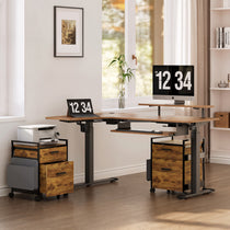 Rustic Brown L-Shaped Standing Desk With Rolling File Cabinet and Clock Display.