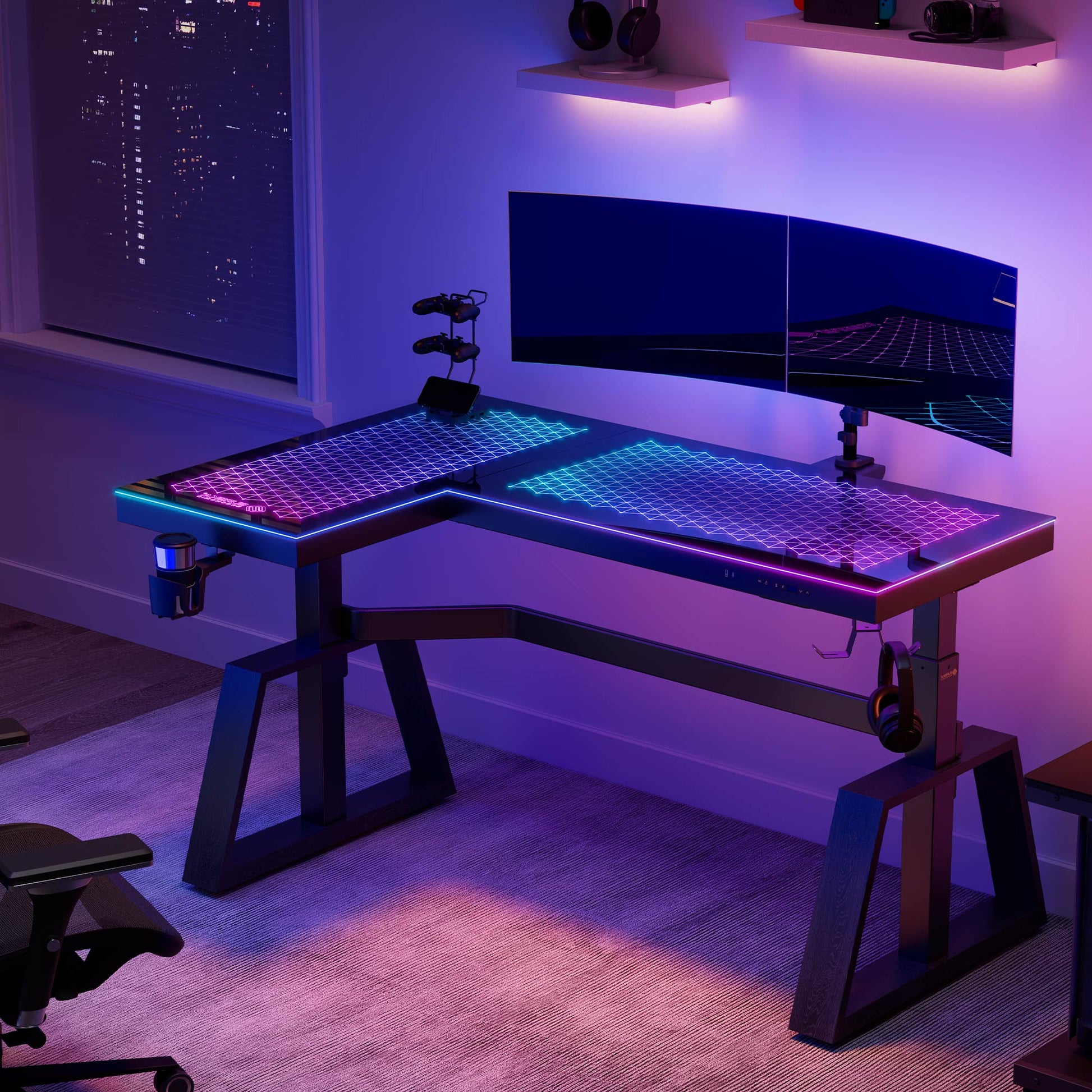 GTG-L60 PRO, L-Shaped Glass Desktop Gaming Standing Desk, Black-colored, Left Sided, RGB Light Up Gaming Desk, Glass Top, RGB Dual Monitor Lifestyle 