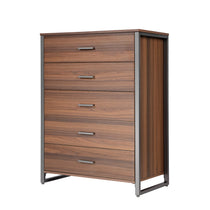 Walnut 5-Drawer Dresser With Metal Frame - Modern Bedroom Storage Cabinet.
