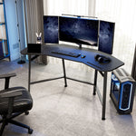 Black Eureka Ergonomic Aero Wing Studio Desk Setup With Dual Monitors, Accessories, and Gaming Chair.