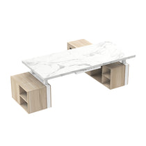 Eureka Ergonomic Zen Pro Executive Standing Desk With White Marble Top and Wood Cabinets,Overlooking.