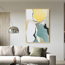 Abstract Wall Art in Gold Frame, Modern Decor With Yellow, Blue, and Gray Shapes.