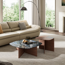 Modern CT04 Coffee Table Set With Blue Jade Marble and Walnut Wood, Stylish Living Room Furniture.