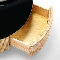 Modern Coffee Table Set Detail With Black Top and Wooden Drawer. Contemporary Living Room Furniture.