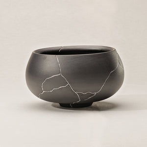 Dark Gray Ceramic Vase With Silver Crack Detail, Elegant Design for the Dining Table, Desk, Shelf, Or Kitchen Countertop.