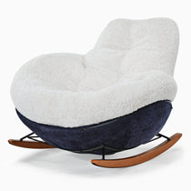 Chloe Comfy Rocking Lounge Chair in Off-White Sherpa and Navy With Wooden Rockers.