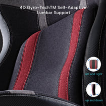 Hyperx Python II Gaming Chair 4D Gyro-Tech Lumbar Support With Adjustment Directions, Gray and Red Design.