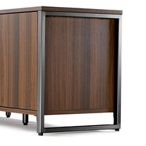 Sonoma 70 Tv Stand Detail - Wood Grain Cabinet Door With a Modern Steel Frame.