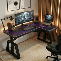 Modern L-shaped standing desk with a black frosted glass top and integrated RGB lighting, featuring for gamer, creator,