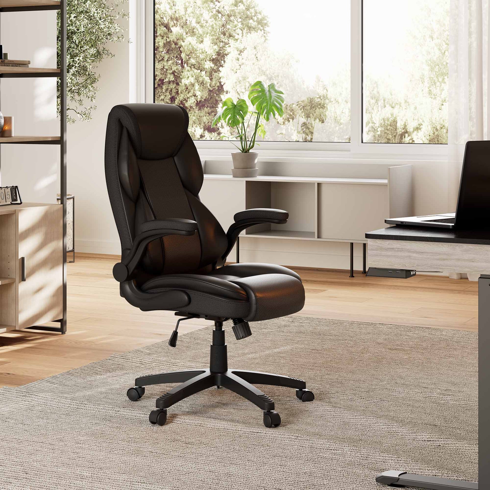 Galene, Home Office Chair, Black, Lifestyle on rug with two drawer standing desk