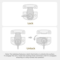 Edora Oak Extendable Dining Table Locking Mechanism, Detailed Diagram, Metal Hardware, Shows Lock and Unlock Process.