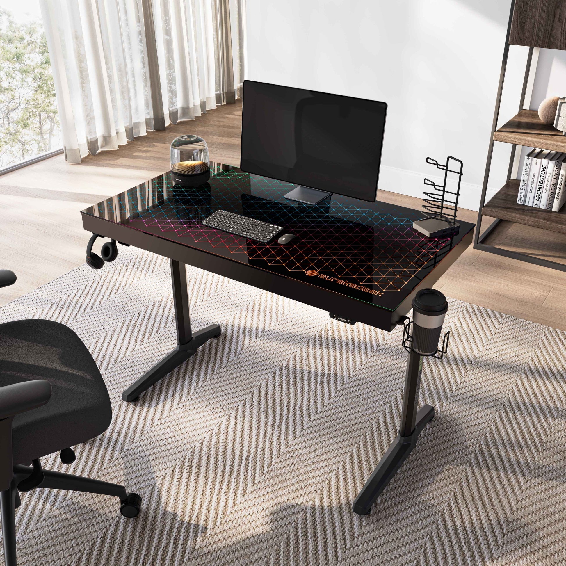 GTG-I43 43 inch Glass RGB Desktop Gaming Desk, Fixed Height Desk, with Accessory Set, Lifestyle