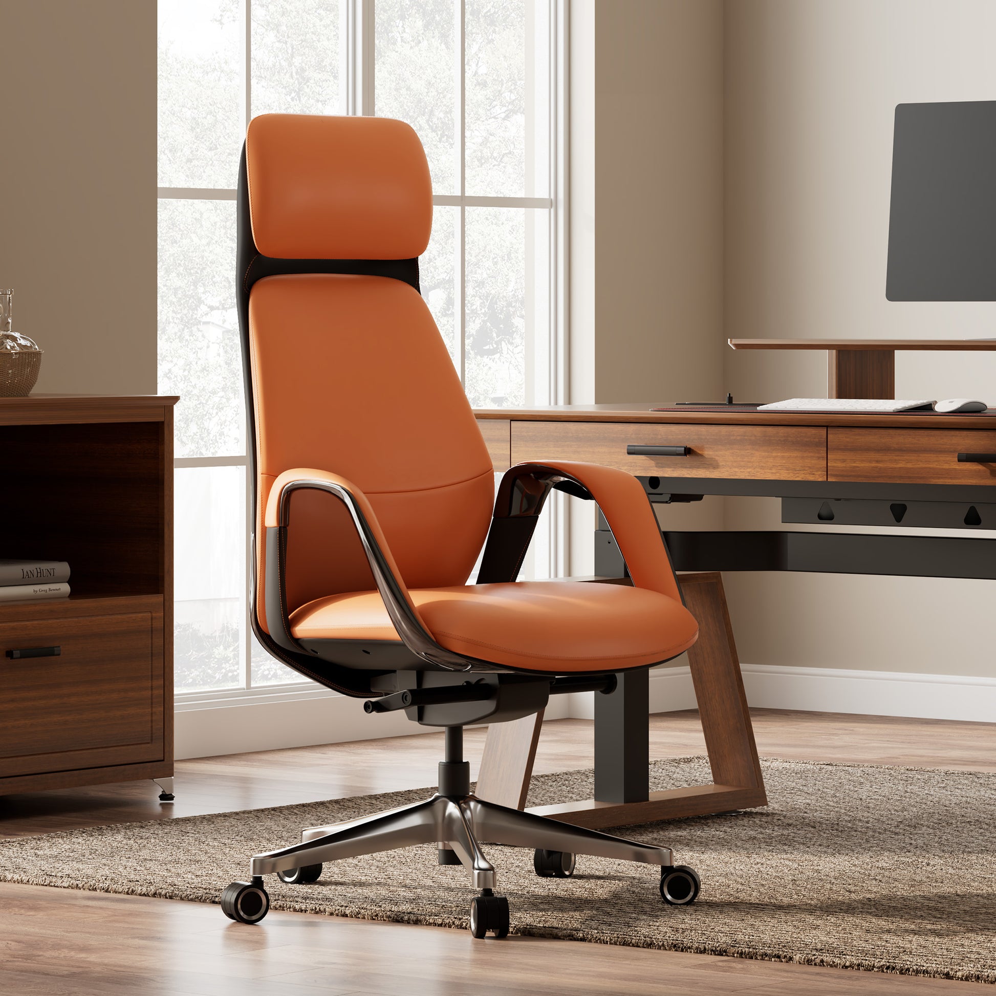 SERENE, Eureka Comfy Leather Executive Office Chair Luxury Napa Leather, Orange, Featuring Ark Desk