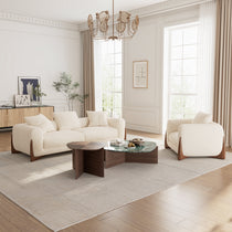 Off-White Boucle Accent Chair and Sofa in Modern Living Room, Wooden Legs, Rowan Furniture.