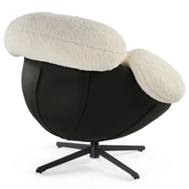 Cara Modern Swivel Lounge Chair in White Lamb Velvet With Black Leather, Neutral Modern Design.