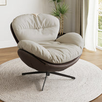 Alexia Comfy Soft Swivel Lounge Chair in Cream Vegan Leather and Brown Base, Modern Living Room Furniture.