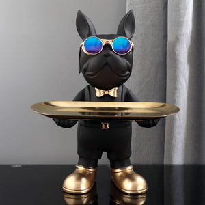 HD-14 Bulldog Statue Storage Tray Ornament, Black Resin With Golden Tray and Boots.