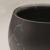 Dark Gray Ceramic Vase With Silver Crack Detailing, Suitable for Dining Table, Desk, Shelf, and Kitchen Countertop Decor.