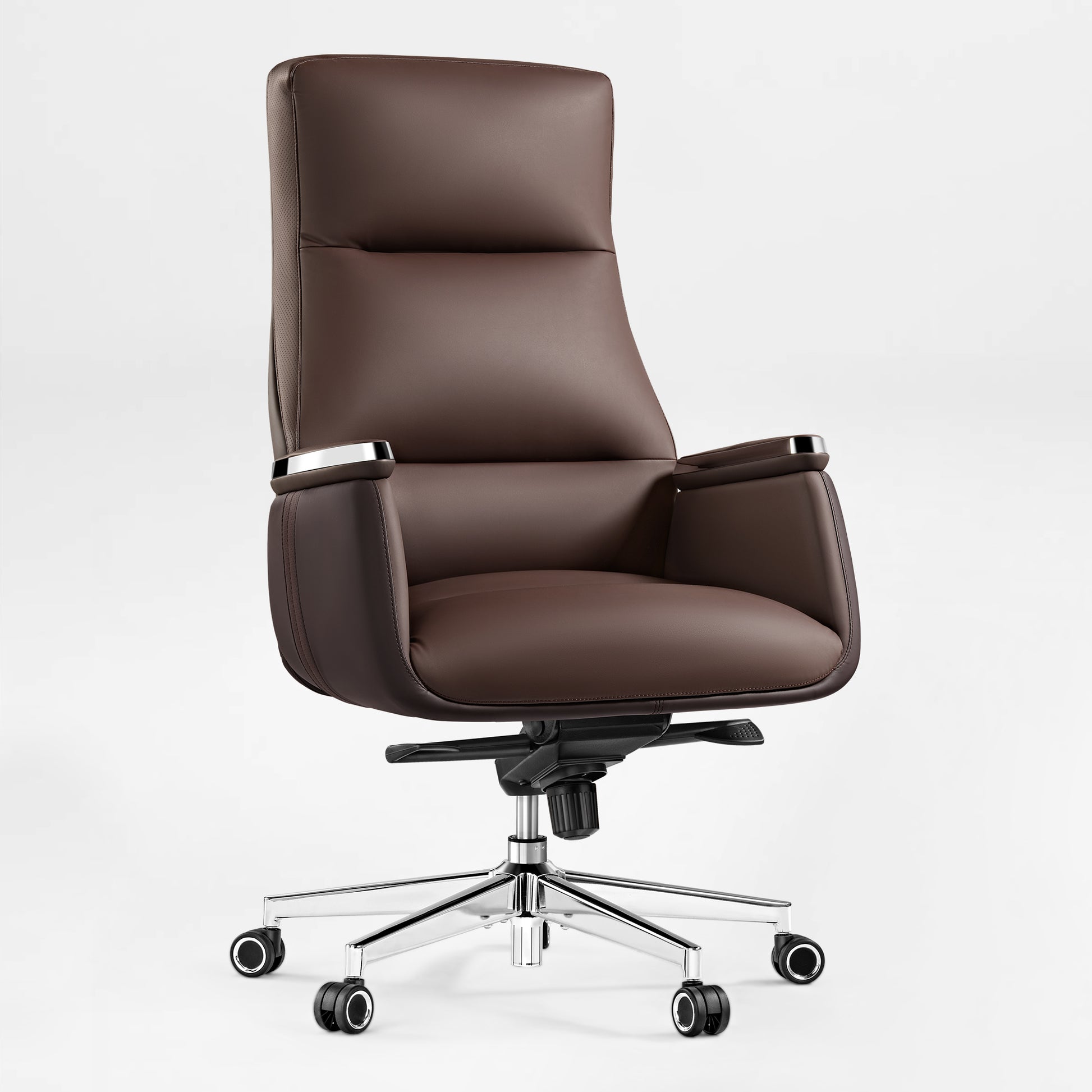 Eureka Ergonomic Royal II brown leather executive office chair, front and angled front view, high back, chrome arm and base accents with casters.