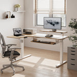 Eureka Ergonomic L-Shaped Standing Desk With Maple Top and White Legs, Ergonomic Workspace Setup.