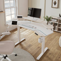 Eureka Ergonomic Aero Pro White Standing Desk With Wood Accents and Accessories in a Home Office Setup.